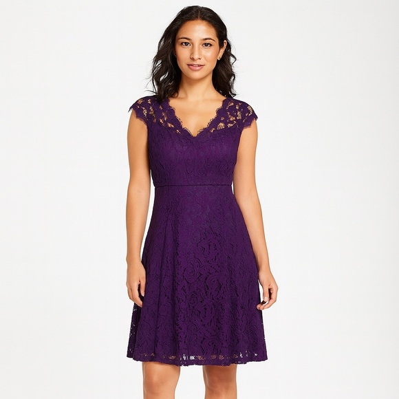 Adrianna Papell Dresses & Skirts - Adrianna Papell Deep Purple Lace Dress Size 4 Petite
